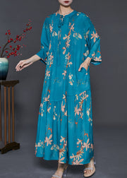 French Peacock Blue Print Wrinkled Silk Holiday Dress Summer