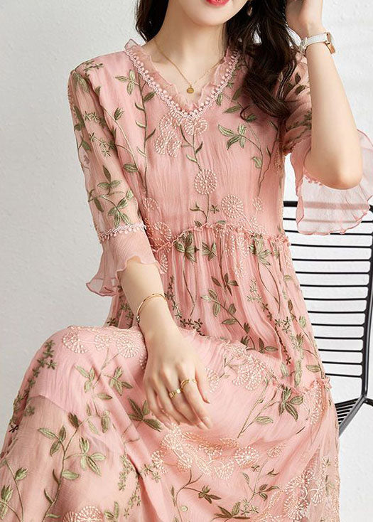 French Pink Embroidered Patchwork Wrinkled Tulle Dress Summer