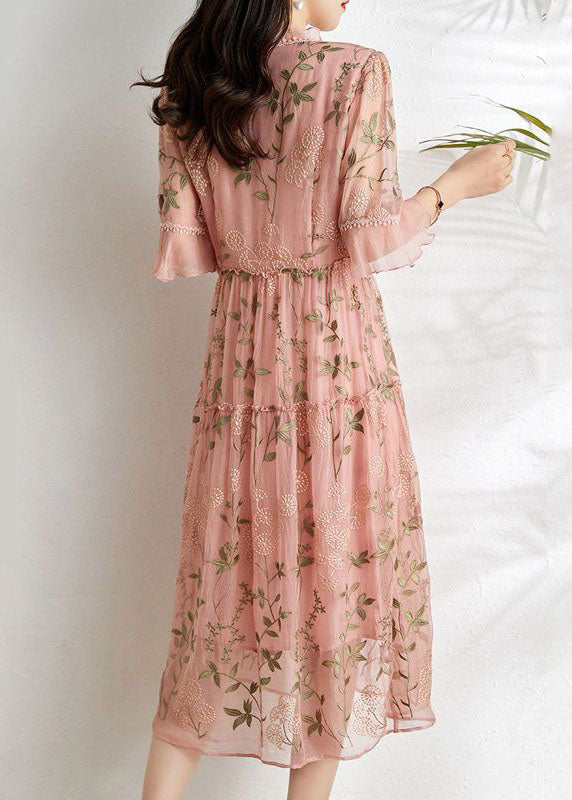 French Pink Embroidered Patchwork Wrinkled Tulle Dress Summer