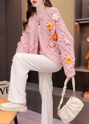 French Pink O Neck Floral Patchwork Knit Cardigan Fall