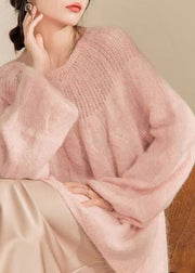 French Pink O Neck Hollow Out Knitted Sweaters Tops Spring