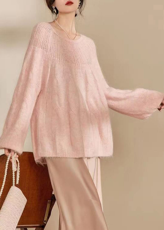 French Pink O Neck Hollow Out Knitted Sweaters Tops Spring