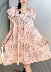 French Pink O-Neck Print Cotton Mid Dresses Petal Sleeve