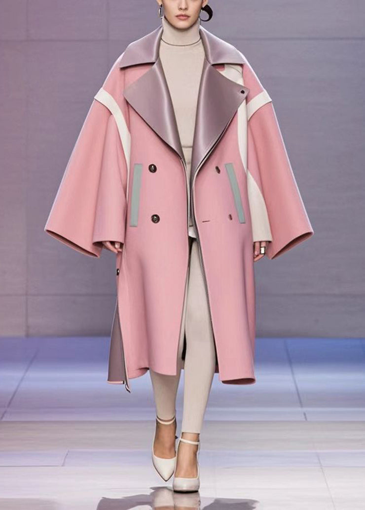 French Pink Oversized Patchwork Woolen Trench Fall