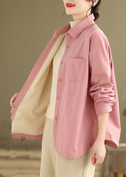 French Pink Oversized Pockets Fleece Wool Lined Coats Winter