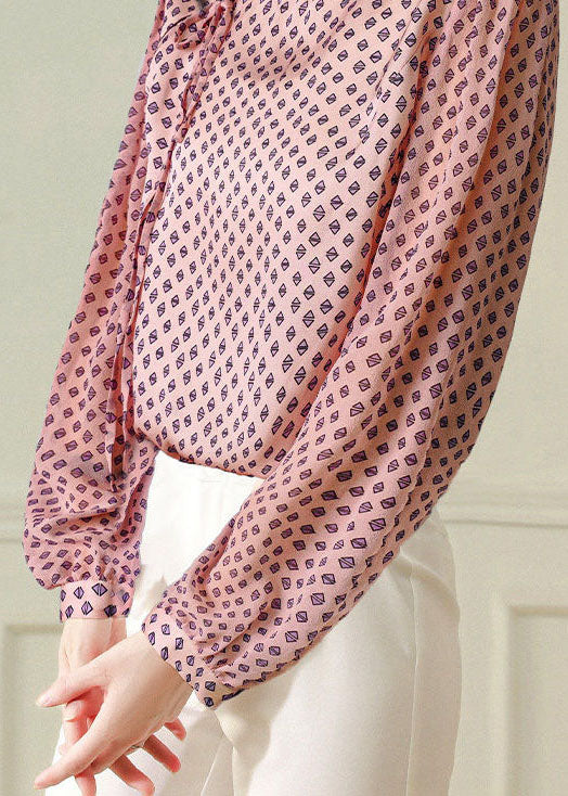 French Pink Patchwork Print Chiffon Blouse Top Spring