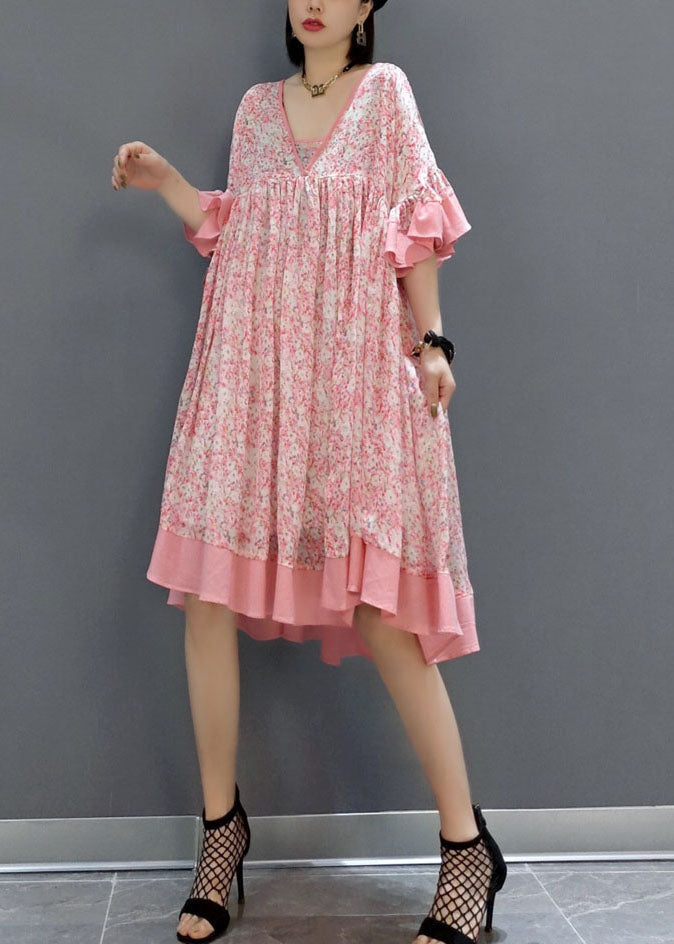 French Pink Print Exra Large Hem Chiffon Mid Dress Summer