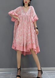 French Pink Print Exra Large Hem Chiffon Mid Dress Summer