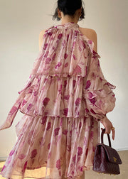 French Pink Print Ruffled Lantern Sleeve Cold Shoulder Dress