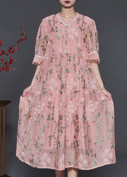 French Pink Ruffled Embroidered Silk Maxi Dresses Summer