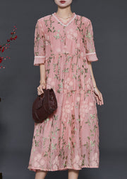 French Pink Ruffled Embroidered Silk Maxi Dresses Summer