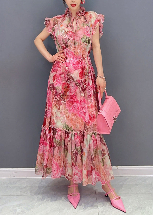 French Pink Ruffled Print Chiffon Dress Two Pieces Set Summer