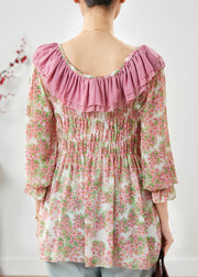 French Pink Ruffled Print Chiffon Shirt Top Spring