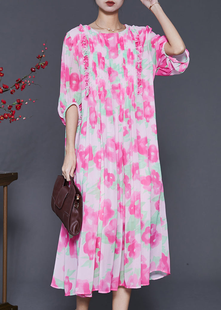 French Pink Ruffled Print Wrinkled Chiffon Long Dress Summer