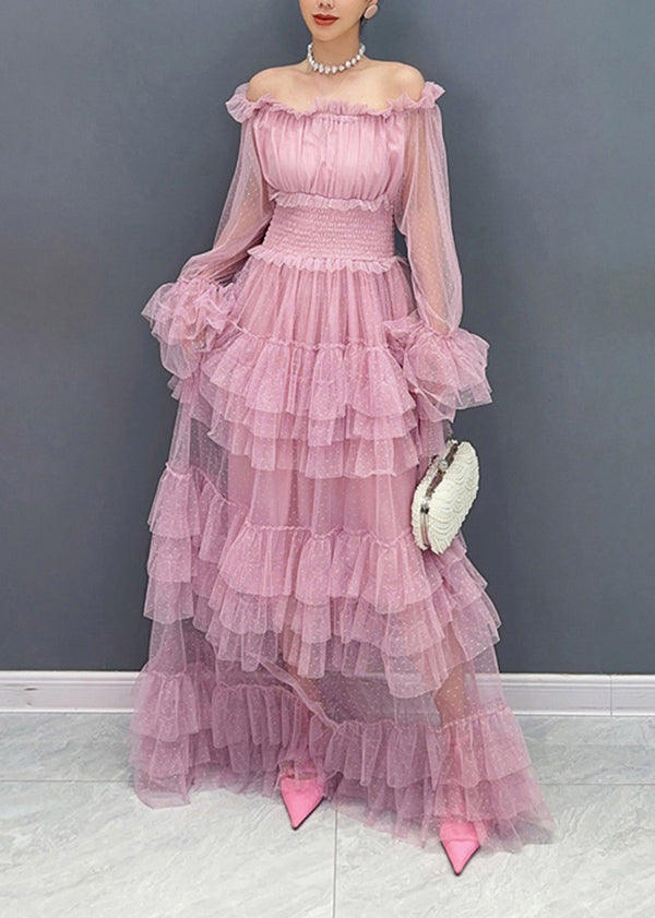 French Pink Slash Neck Ruffled Patchwork Tulle Dresses Long Sleeve