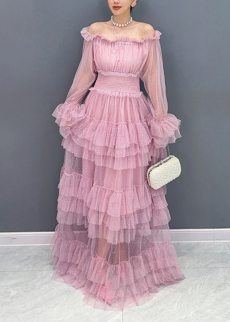 French Pink Slash Neck Ruffled Patchwork Tulle Dresses Long Sleeve