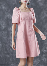 French Pink Square Collar Bustier Top Denim Mid Dresses Summer