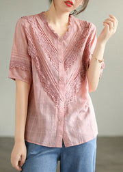 French Pink V Neck Lace Patchwork Button Cotton Shirt Short Sleeve