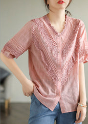 French Pink V Neck Lace Patchwork Button Cotton Shirt Short Sleeve