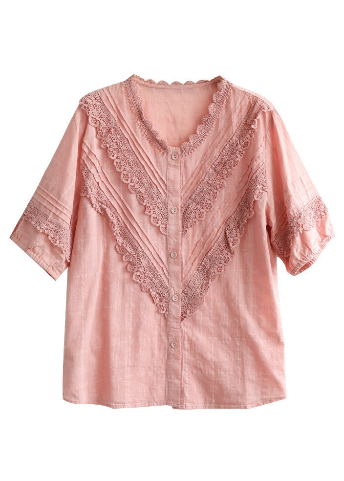 French Pink V Neck Lace Patchwork Button Cotton Shirt Short Sleeve