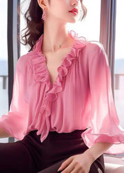 French Pink V Neck Ruffled Chiffon Blouses Bracelet Sleeve