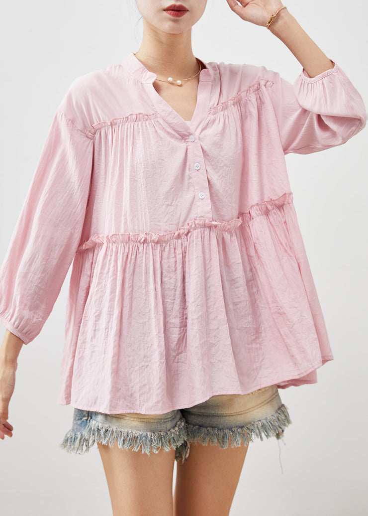 French Pink V Neck Ruffled Cotton Tops Bracelet Sleeve