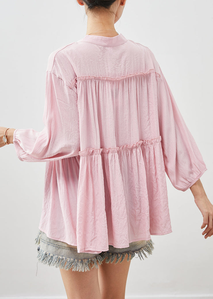 French Pink V Neck Ruffled Cotton Tops Bracelet Sleeve