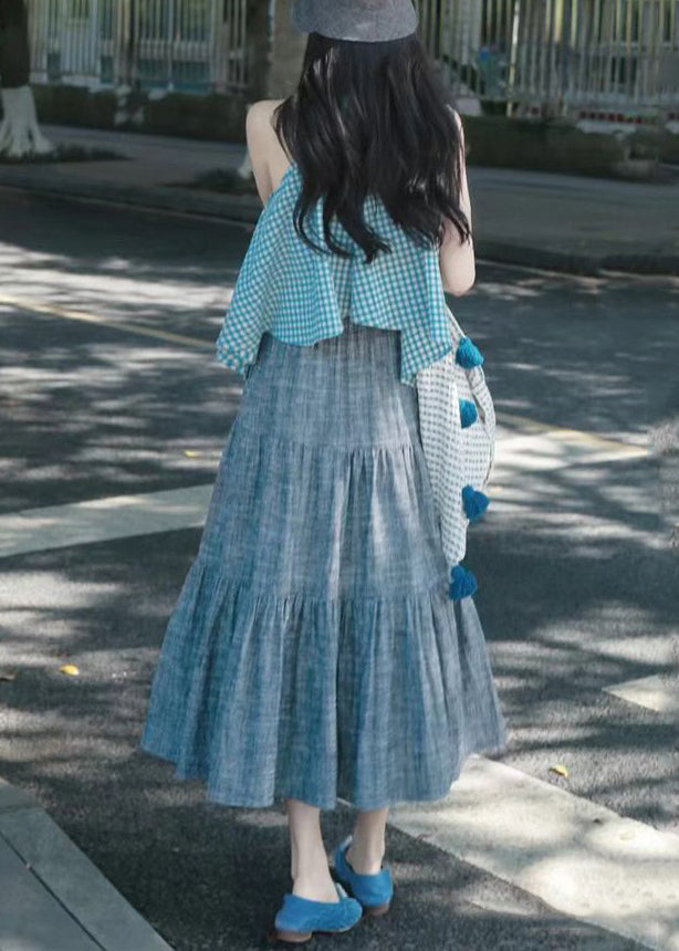 French Plaid Asymmetrical Tops And Grey Skirts Cotton Two Pieces Set Sleeveless