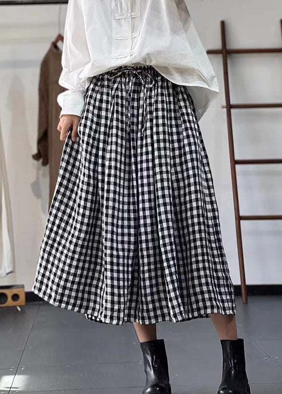 French Plaid Lace Up Elastic Waist Cotton Skirts Fall