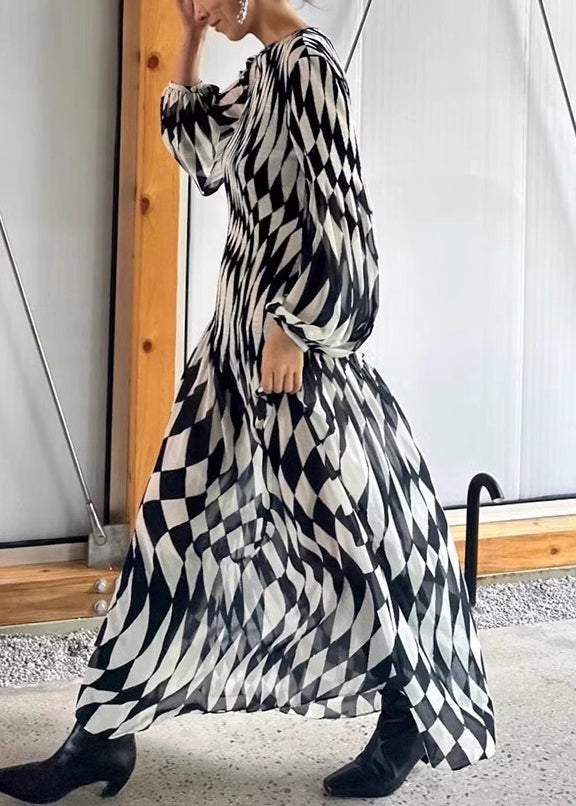 French Plaid O-Neck High Waist Chiffon Maxi Dresses Fall