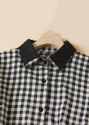 French Plaid Peter Pan Collar Button Linen Shirts Dress Long Sleeve