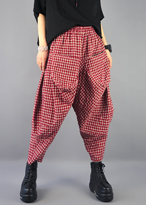 French Plaid Pockets High Waist Cotton Harem Pants Spring