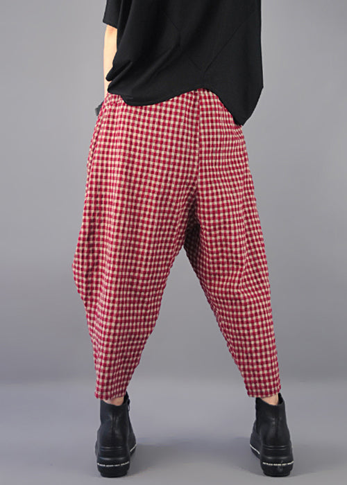 French Plaid Pockets High Waist Cotton Harem Pants Spring