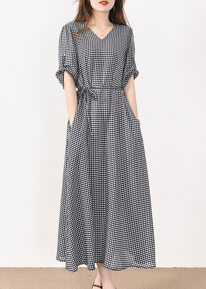 French Plaid Pockets Tie Waist Silk Cotton Long Dresses Half Sleeve