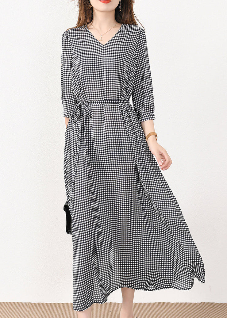 French Plaid Pockets Tie Waist Silk Cotton Long Dresses Half Sleeve