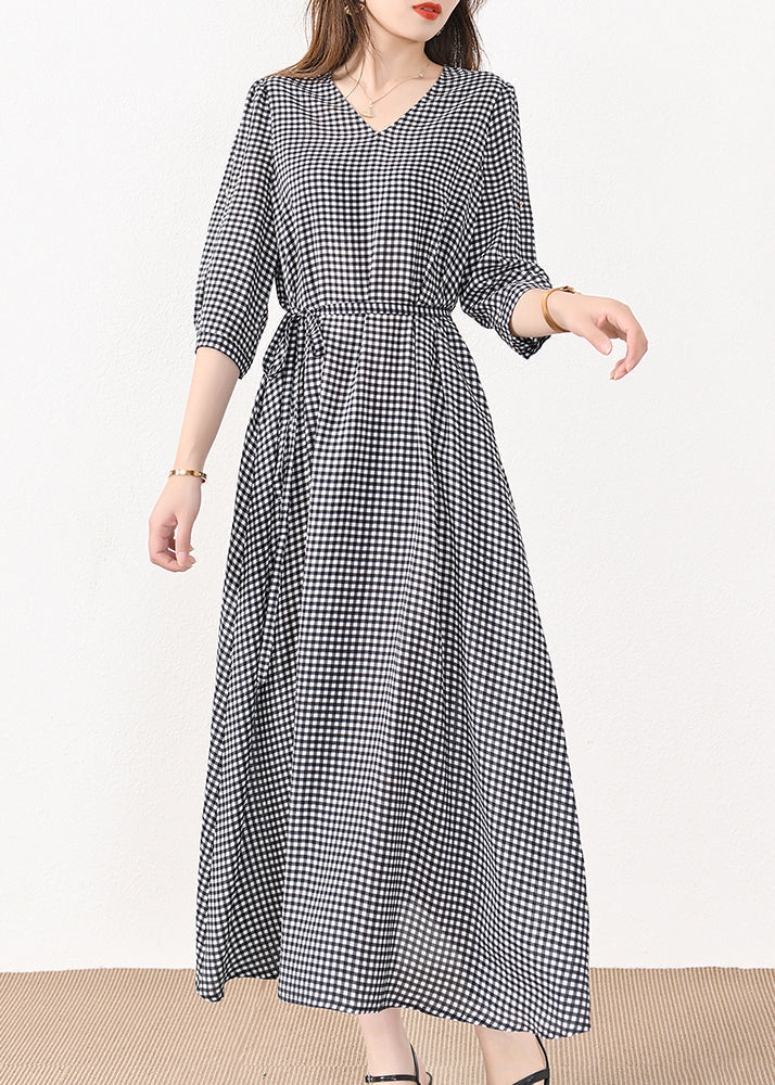 French Plaid Pockets Tie Waist Silk Cotton Long Dresses Half Sleeve