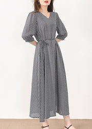 French Plaid Pockets Tie Waist Silk Cotton Long Dresses Half Sleeve