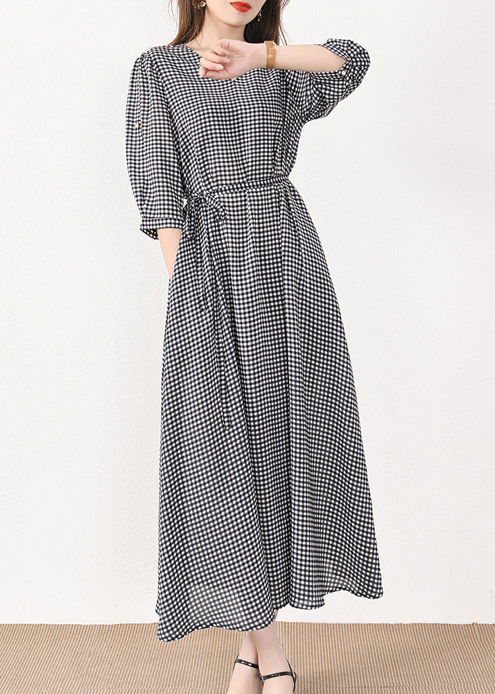 French Plaid Pockets Tie Waist Silk Cotton Long Dresses Half Sleeve