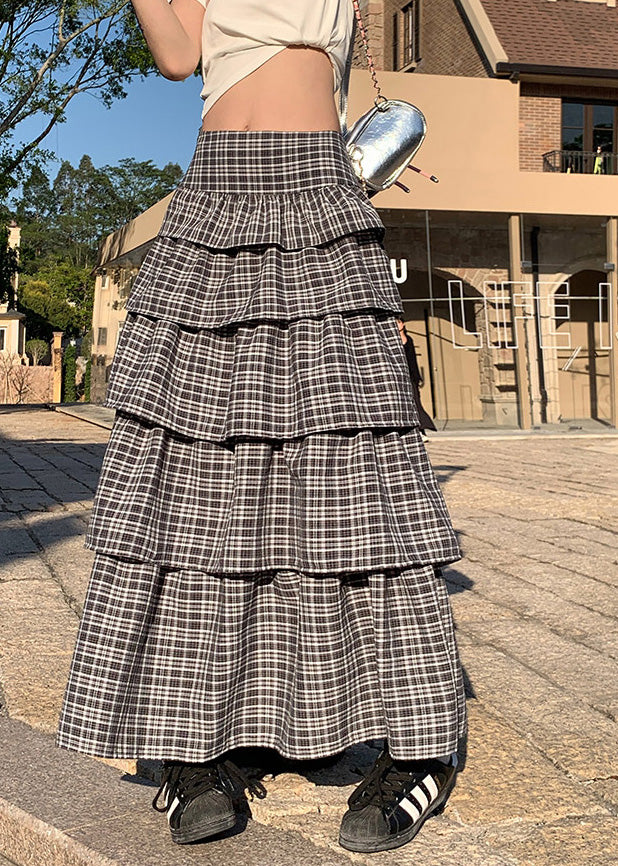 French Plaid Ruffled Patchwork High Waist Cotton Skirts Summer