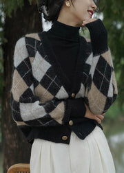 French Plaid V Neck Button  Knit Coats Long Sleeve