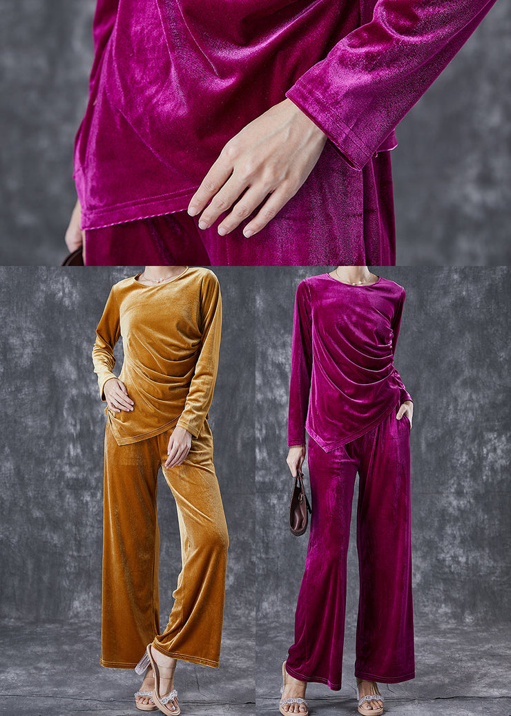 French Purple Asymmetrical Wrinkled Silk Velour Women Sets 2 Pieces Fall