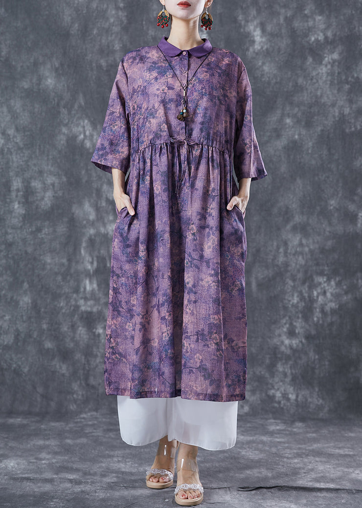 French Purple Cinched Tie Dye Linen Dress Summer