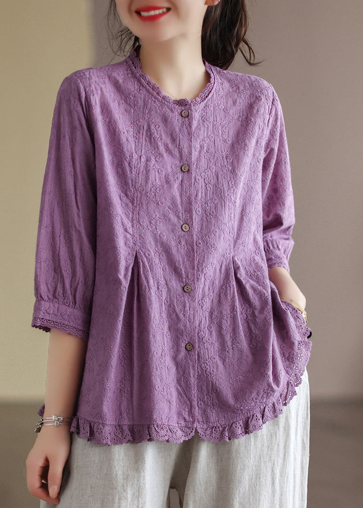 French Purple Embroideried Lace Patchwork Wrinkled Cotton Shirt Tops Bracelet Sleeve