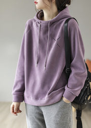 French Purple Hooded Embroideried Fleece Wool Lined Pullover Sweatshirt Spring