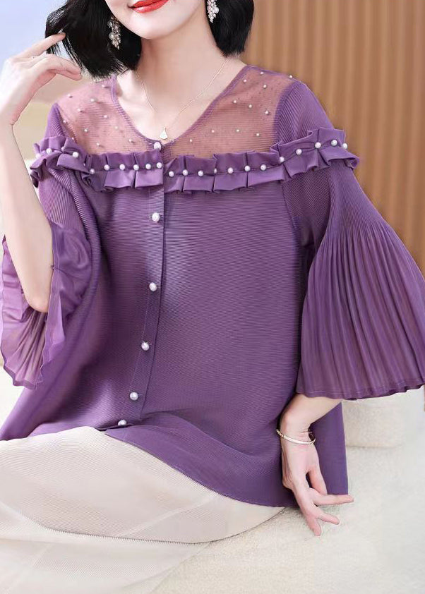 French Purple O Neck Nail Bead Patchwork Cotton Shirts Flare Sleeve