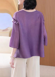 French Purple O Neck Nail Bead Patchwork Cotton Shirts Flare Sleeve