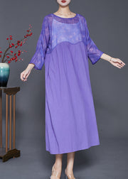 French Purple Oversized Patchwork Linen Long Dress Bracelet Sleeve