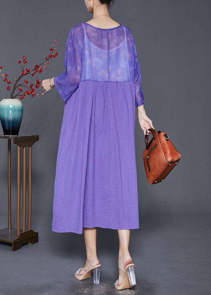 French Purple Oversized Patchwork Linen Long Dress Bracelet Sleeve