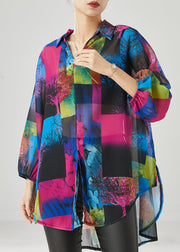 French Purple Oversized Print Chiffon Shirt Tops Spring