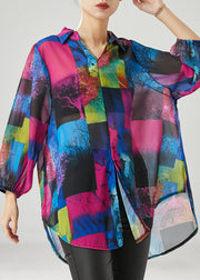 French Purple Oversized Print Chiffon Shirt Tops Spring